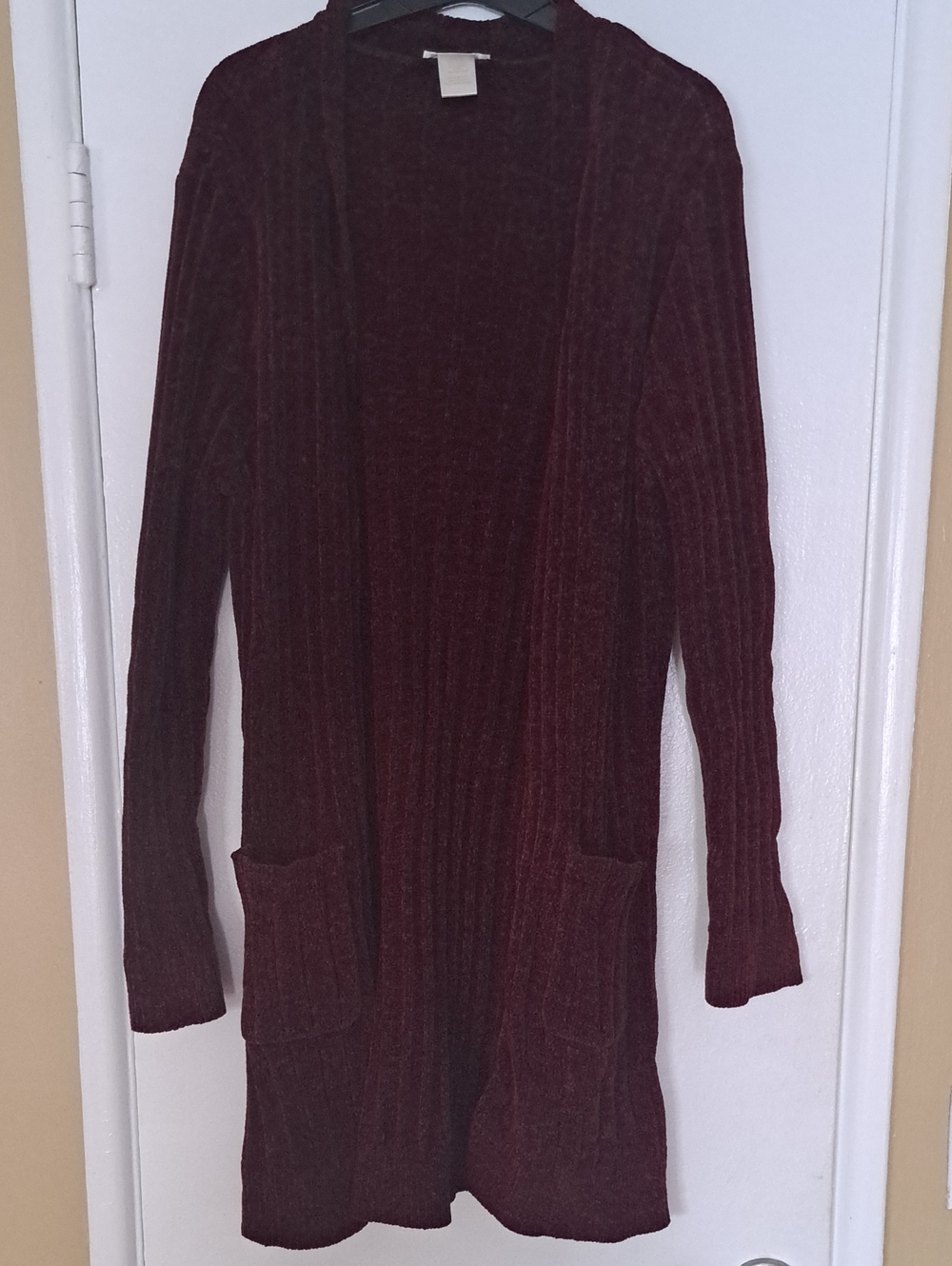 Matty M Burgundy Ribbed Open-Front Cardigan with Pockets